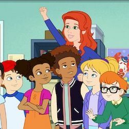 animirana skupina raznolikih otrok z rdečimi učitelji
