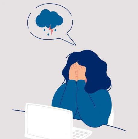 mlada ženska joka, pokriva obraz z rokami, sedi pod deževnim in nevihtnim oblakom, dekle čuti glavobol in depresijo, joka, čustva, žalost, vektorska ilustracija, izolirana od belega ozadja
