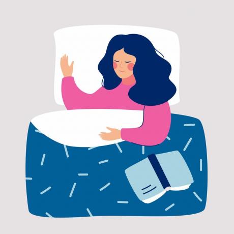 ženska, ki ponoči spi v svoji postelji z vektorsko ilustracijo odprte knjige