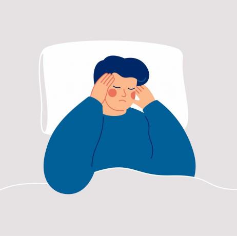 moški trpi za nespečnostjo in težko zaspi deček ima ponoči glavobole zaspan moški leži na postelji in se dotika senca nespečnost in težave s spanjem motnja vektor ilustr.