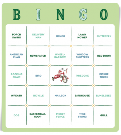 igra bingo z različnimi stvarmi, ki jih lahko opazimo po soseski, od rdečih vrat do drevesne gugalnice