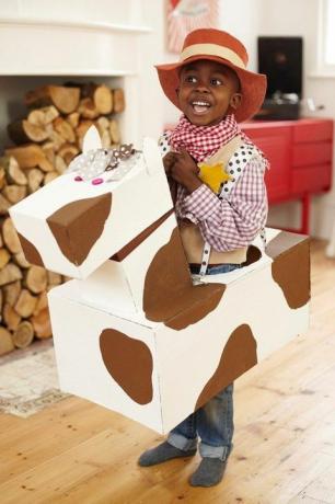 deček, oblečen v kavboj s kavbojskim klobukom in karirasto srajco in bandano s kartonskim konjičkom okoli pasu