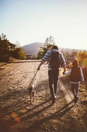 oče in sin z družinskim psom na pohodu po gorah
