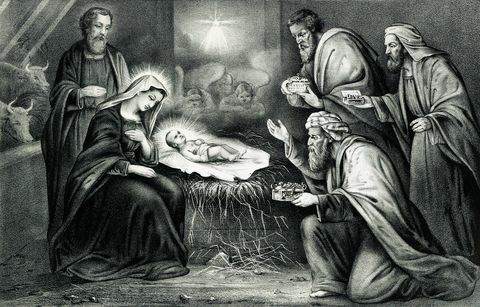 starodavna biblijska ilustracija prikazuje rojstvo Jezusa Kristusa, kot je opisano v evangelijih Luke in Mateja