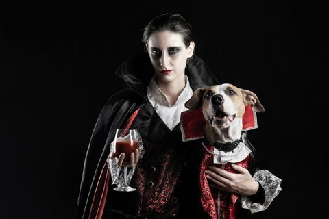mlada samica s kozarcem rdeče pijače in njen hišni psiček, oblečen v isti kostum drakule
