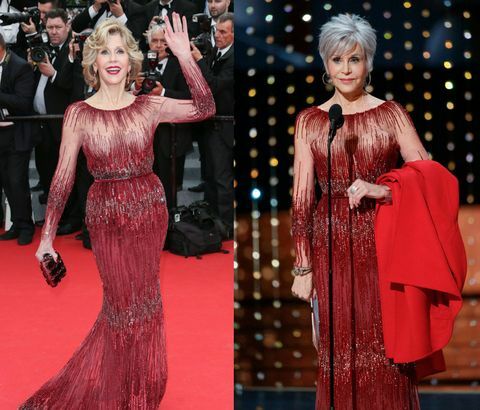 Jane Fonda Oscars 2020 obleka in rdeči plašč