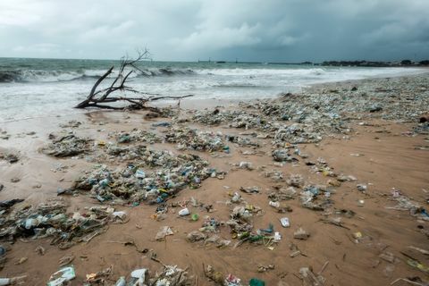 Bali, Indonezija - 19. december 2017: Smeti na plaži, onesnaževanje okolja na Baliju Indonezija.
