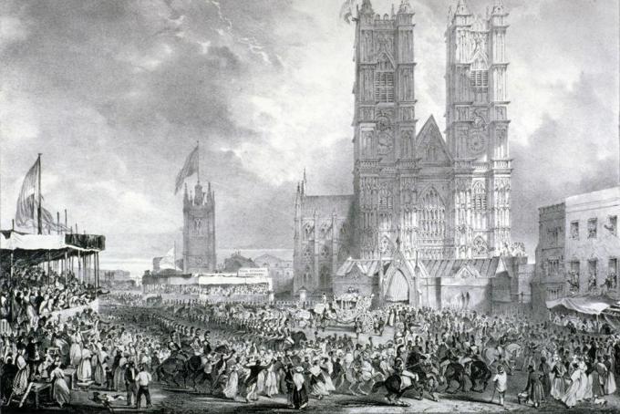 westminstrska opatija, london, 1837 pogled na zahodno pročelje westminstrske opatije med kronanjskim sprevodom kraljice viktorie fotografija knjižnice guildhall art galleryheritage imagesgetty images