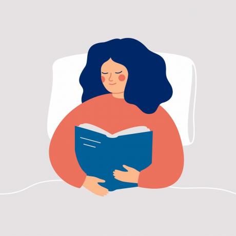srečna ženska bere knjigo z užitkom v postelji ponoči ali zjutraj v vektorski ilustraciji koncepta duševnega zdravja