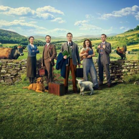 od leve proti desni gospa hall anna madeley, siegfried farnon samuel west, james herriot nicholas ralph, helen alderson, ki jo igrata rachel shenton in tristan farnon callum woodhouse