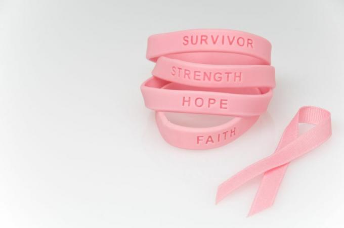 kup rožnatih gumijastih zapestnic z napisom preživeli, moč, upanje, vera in rožnati trak zraven